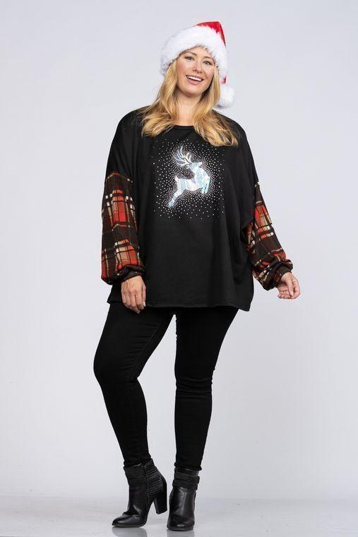 Black Plaid Reindeer Rhinestone Top - Sunshine and Grace Gifts