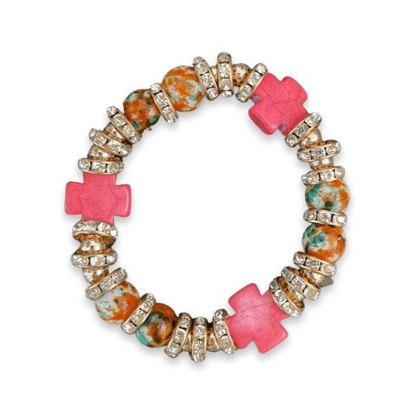 Coral Cross Stone Beaded Bracelet - Sunshine and Grace Gifts