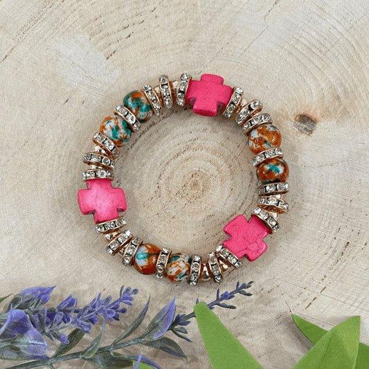 Coral Cross Stone Beaded Bracelet - Sunshine and Grace Gifts