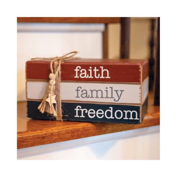 Faith Family Freedom Wooden Bookstack - Sunshine and Grace Gifts